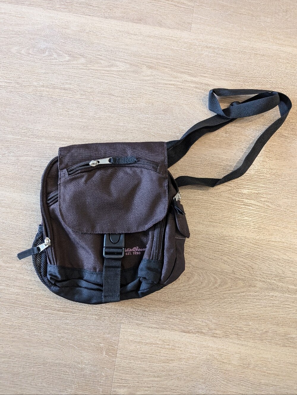 Eddie Bauer Dark Brown Compact Messenger Bag with Black Trim
